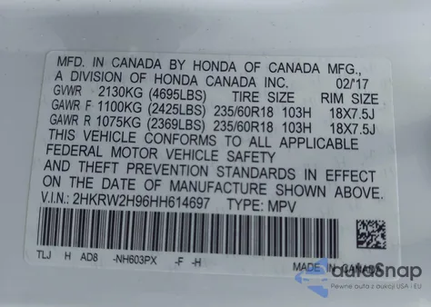 2017 Honda Cr-V Touring z USA, uszkodzony, nr VIN 2HKRW2H96HH614697